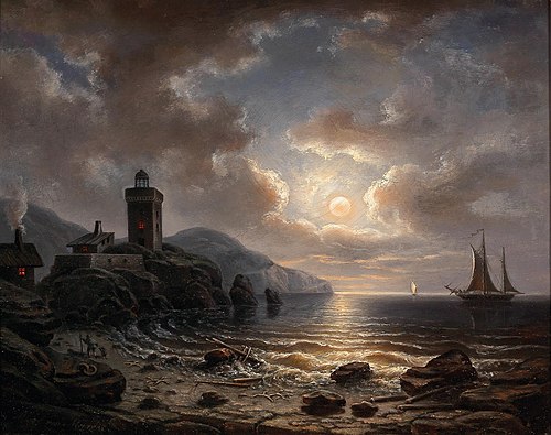 Coast at Night with Lighthouses, 1869, Albert de Marees