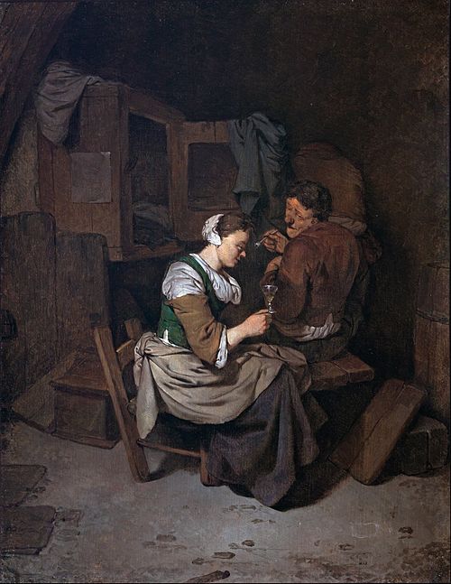 Woman with wineglass and two male peasants, 1660, Cornelis Bega
