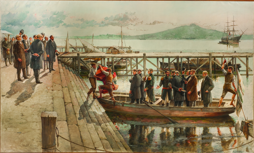 Landing in the port of Montevideo of the urn containing the remains of José Artigas, 1930, Domingo Puig y Sauret
