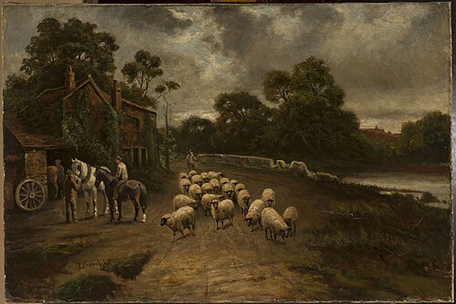 Genre scene with a flock of sheep, 1850, Thomas Creswick