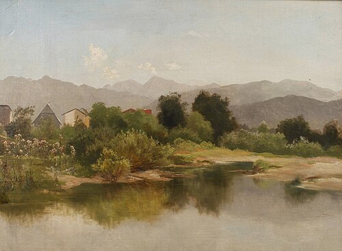 Village at the mountain lake, 1890, Hugo Bürgel
