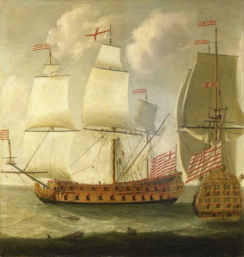 Two views of an East Indiaman of the time of King William III, 1685, Isaac Sailmaker