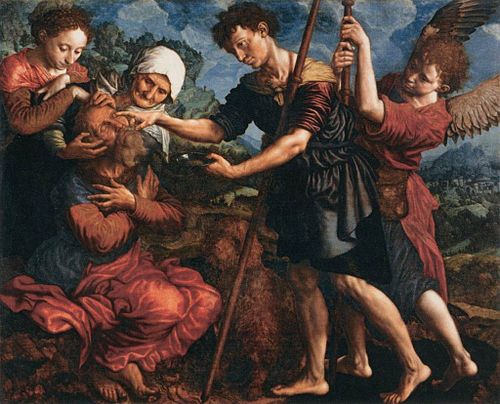Le jeune Tobie, aidé de l'archange Raphaël, rend la vue à son vieux père Tobit, 1555, Jan Sanders van Hemessen