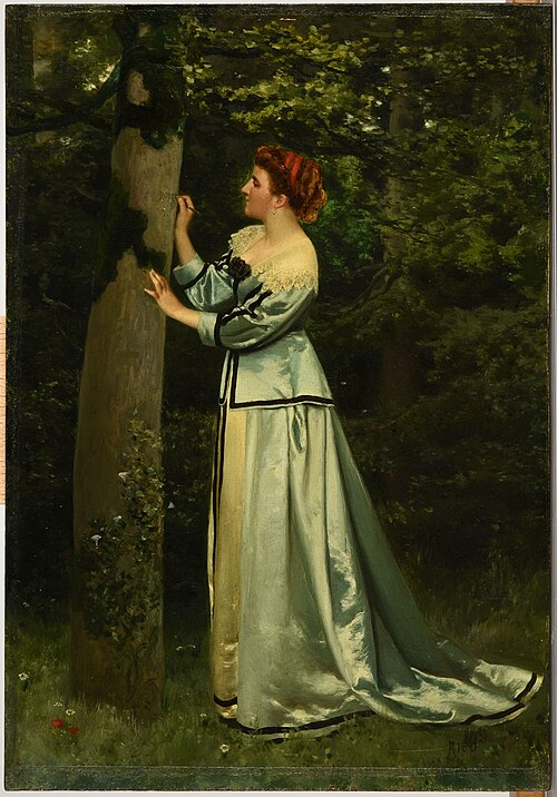 Jeune femme écrivant sur un arbre, 1866, Martín Rico