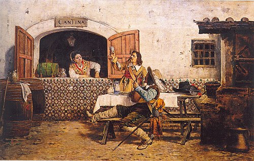Mosqueteros sentados fuera de una cantina, 1887, Joaquín Agrasot