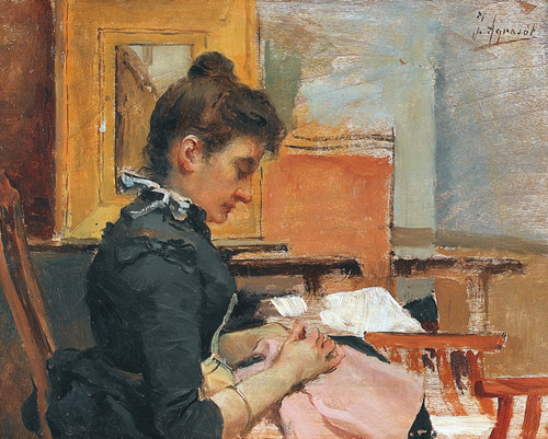 Interior with embroidery women, , Joaquín Agrasot