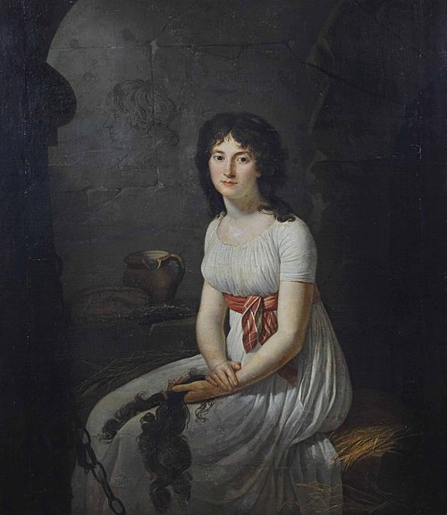 Portrait de la citoyenne Tallien dans un cachot à la Force, ayant dans les mains ses cheveux qui vie, 1796, Jean-Louis Laneuville