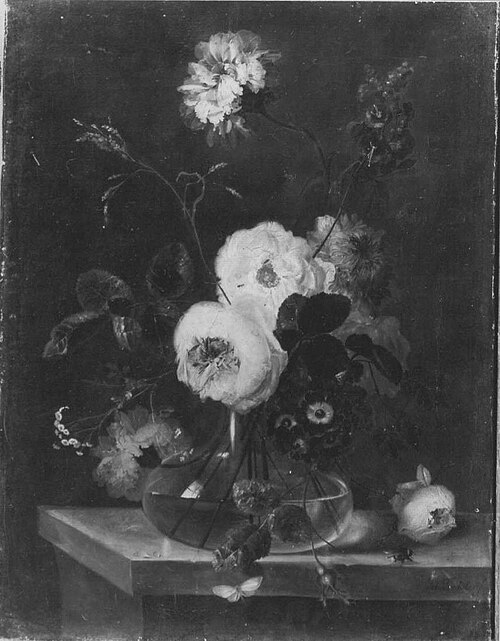 Blumenstillleben (Rosen mit Biene und Schmetterling in einer gläsernen Vase), , Johann Baptist Drechsler
