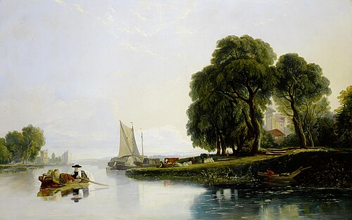 River landscape with figure in boat, , William James Müller
