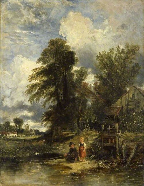 Millpond with children fishing, 1843, William James Müller