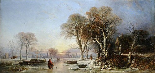 A Winter Landscape at Sunset with Figures on a Frozen River, 1841, William James Müller