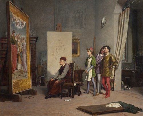 Francesco Raibolini, called Francia, in his workshop admiring for the first time Saint Cecilia by Ra, 1876, Achille Boschi