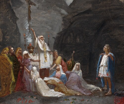 Nerone fuggente da Roma che entra nelle catacombe offrendosi ai cristiani, 1876, Achille Boschi