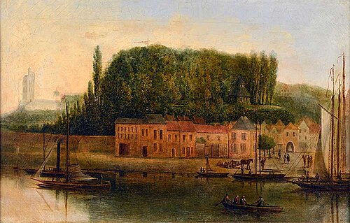 Valkhof en Waalkade, van Belvedere tot Veerpoort, gezien vanaf de rivier, 1860, Pieter Caspar Christ