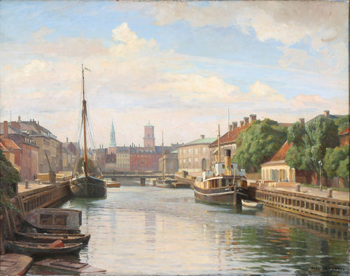 Frederiksholms Kanal with the Church of Our Lady in the distance. (1930), 1930, Axel Johansen