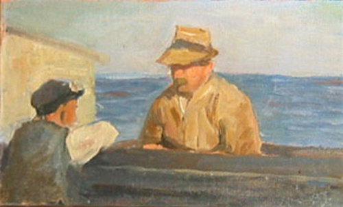 Two men talking., 1914, Axel Johansen