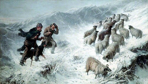 Shepherd and Sheep in Snow, , Charles Jones