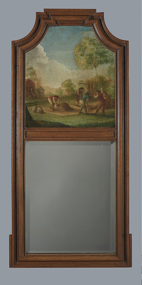 Spiegel met schilderij: Het dorsen van hennep, 1784, 1784, Gerrit van den Heuvel