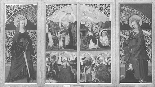 Kirchheimer Sippenaltar, Flügel: Esmeria mit Elisabeth und Eliud; Zacharias mit Elisabeth und Johann, 1501, Master of Kirchheim
