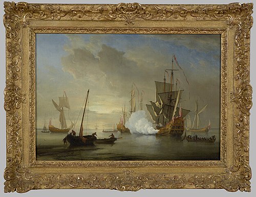 Schepen op een kalme zee bij zonsondergang, 1687, Willem Van de Velde le Jeune
