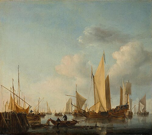 Ruhige See. Eine Staatsjacht, Segelschiffe und Fischerboote vor der Küste, 1660, Willem van de Velde the Younge