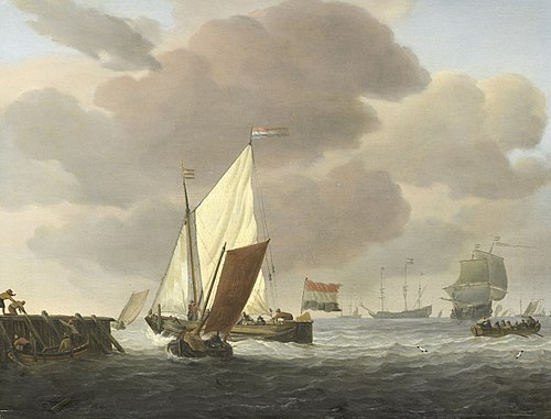 Ships near the shore in a stiff breeze, 1670, Willem van de Velde the Younge
