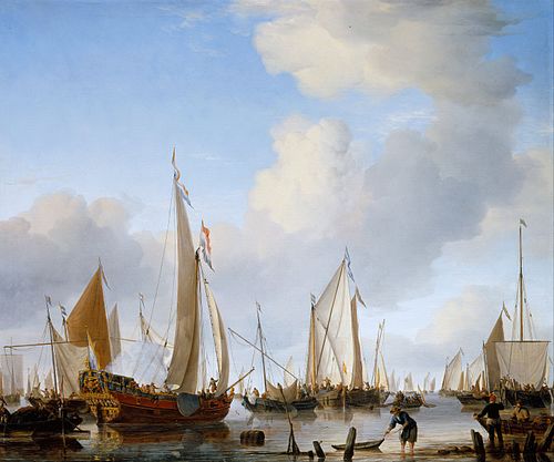 A Calm: A States Yacht under Sail close to the Shore with many other Vessels, 1655, Willem Van de Velde le Jeune
