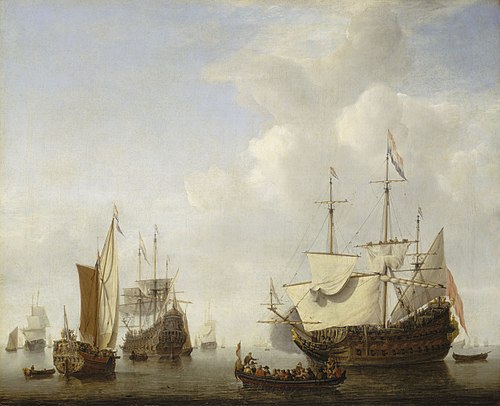 A Dutch Flagship Coming to Anchor with a States Yacht Before a Light Air, 1658, Willem Van de Velde le Jeune