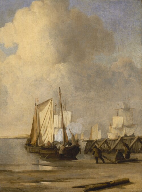 A Kaag Coming Ashore Near a Groyne with Ships and Vessels Under Sail Beyond, 1654, Willem van de Velde the Younge