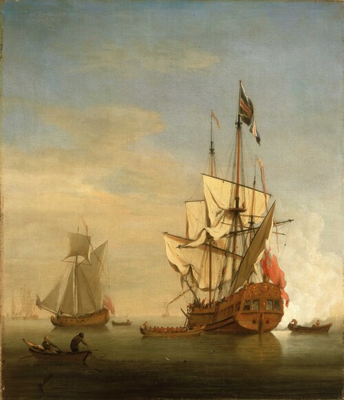 An English Sixth-Rate Ship Firing a Salute As a Barge Leaves; A Royal Yacht Nearby, 1706, Willem van de Velde the Younge