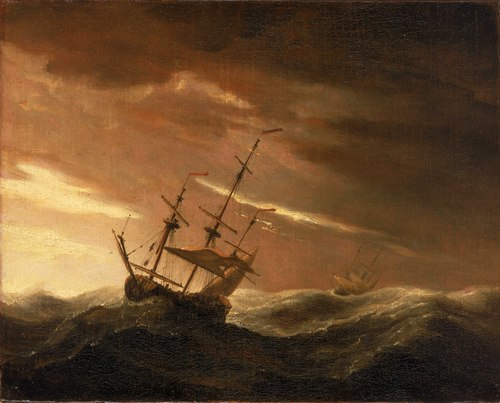 An English Ship at Sea Lying-To in a Gale, 1700, Willem van de Velde the Younge