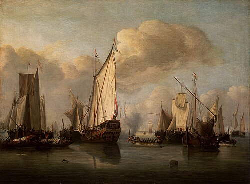 Calm: a States yacht and many other vessels in a light air, 1650, Willem van de Velde the Younge
