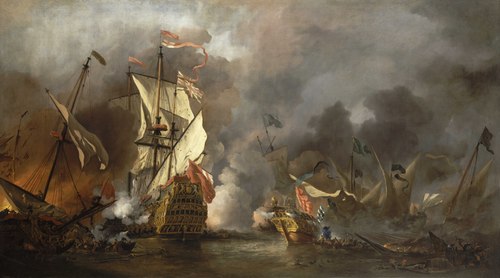 An English Ship in Action with Barbary Vessels, 1678, Willem van de Velde the Younge