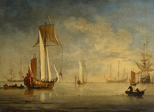An English Royal Yacht under sail with a fishing boat laying a net, 1700, Willem van de Velde the Younge
