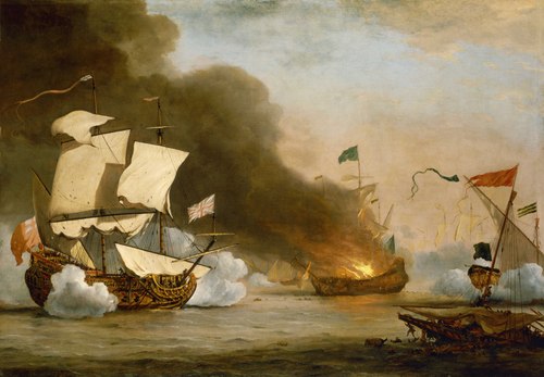An English Ship in Action with Barbary Corsairs, circa 1680, 1685, Willem van de Velde the Younge