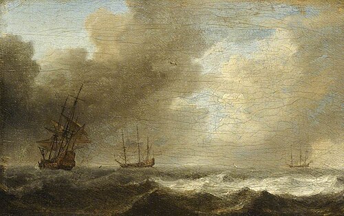A Dutch ship lying-to in a strong breeze, , Willem van de Velde the Younge
