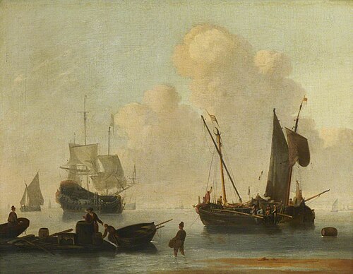 Dutch shipping with a raft near the shore, , Willem van de Velde the Younge