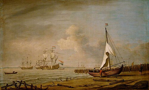 A fishing pink hauled up on the beach in a fresh breeze on the Dutch coast, , Willem van de Velde the Younge