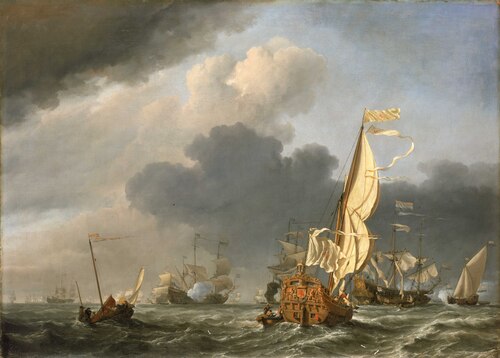A States Yacht in a Fresh Breeze Running Towards a Group of Dutch Ships, 1673, Willem van de Velde the Younge