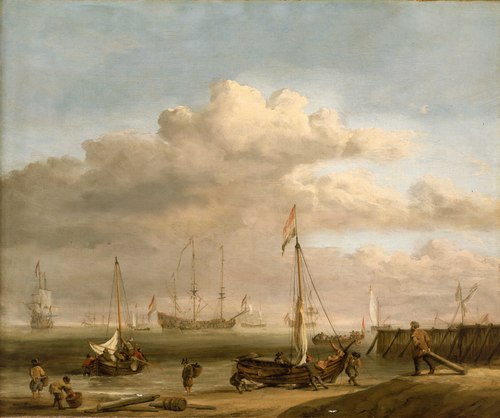The Dutch coast with a weyschuit being launched and another vessel pushing offfrom the shore, 1690, Willem van de Velde the Younge
