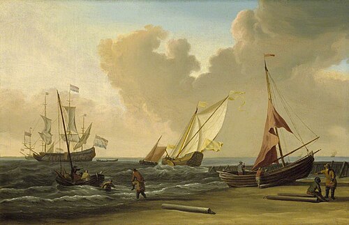 A fishing pink hauled up on the beach in a fresh breeze on the Dutch coast, , Willem van de Velde the Younge