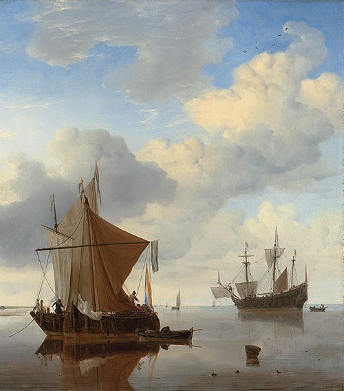 A Calm - Two Smalschips and a Warship at Anchor, 1665, Willem van de Velde the Younge