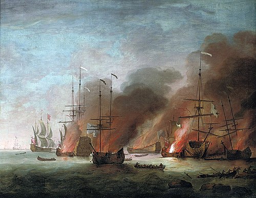 The burning of the French flagship Soleil Royal in Cherbourg Bay during the protracted battle of La , 1693, Willem van de Velde the Younge