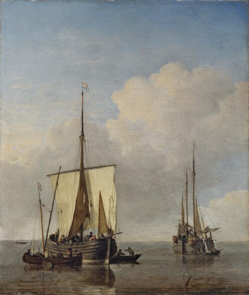 A hoeker and a fishing buss at anchor in a calm, 1665, Willem van de Velde the Younge