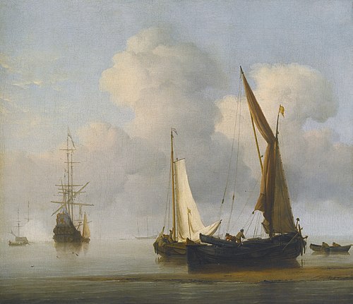 A calm Sea with a Kaag and a Boeier close to the Shore, 1673, Willem van de Velde the Younge