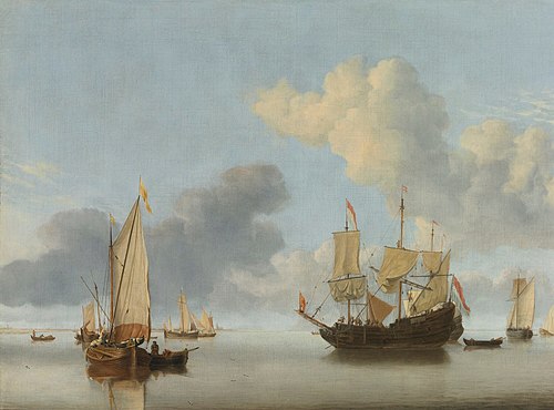 A Dutch ship at anchor drying sails and a Kaag under sail, 1665, Willem van de Velde the Younge