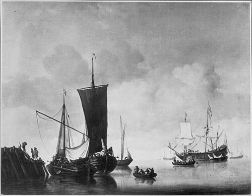 A kaag and a hoeker lying at the end of a pier; at the right a three-masted ship, 1661, Willem van de Velde the Younge