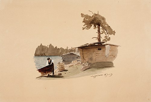 Rantamaisema, jossa venettä maihin vetävä mies, 1859, Werner Holmberg