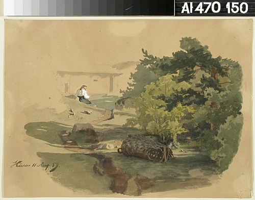 Landscape with Shingle Basket and Woman Sitting, 1859, Werner Holmberg