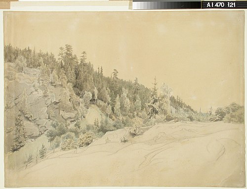 Maisema, vasemmalla metsänpeittämä vuori ja oikealla edessä tasaista maata, 1858, Werner Holmberg
